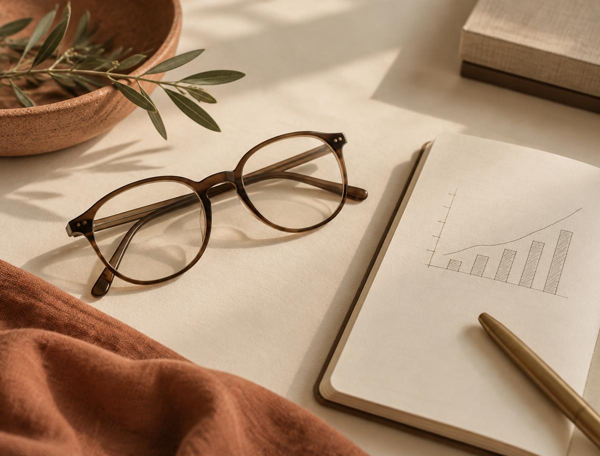 Lunettes d'opticien posées à côté d'un carnet avec un graphique de performance
